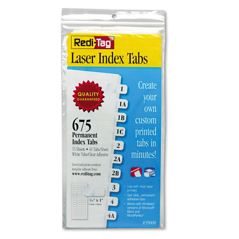 Redi-Tag Laser Index Tabs, Divider Tabs, Permanent Adhesive Index Labels Customizable Divider Labels, 7/16"" x 1"", White, 675 Tabs (B39000)